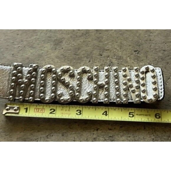 MOSCHINO Silver Embellished Logo Lettering Belt Leather Women’s Sz 44 Italy Made main image 5